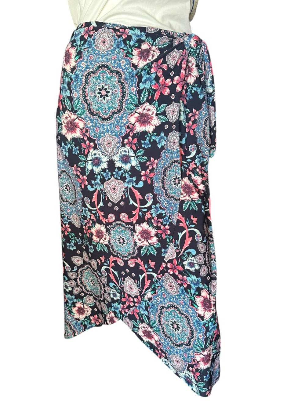 Roz & Ali Floral Faux Wrap Midi Skirt Blue Size 2X EUC